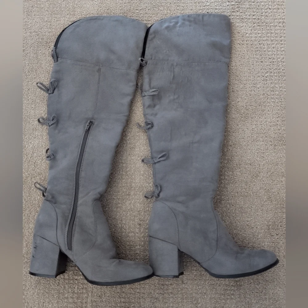 Charming Charlie Tall Bow Back Detail Grey Suede Heeled Boots